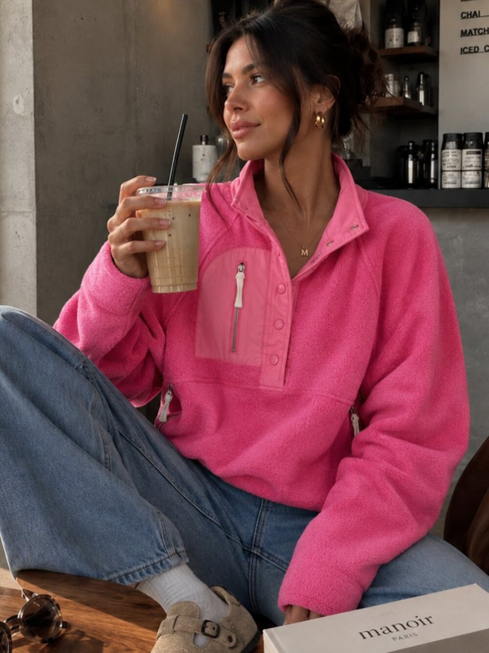 Thread & Supply Sherpa Snap Pullover Fleece Carmine Rose/Marshmallow Size Large